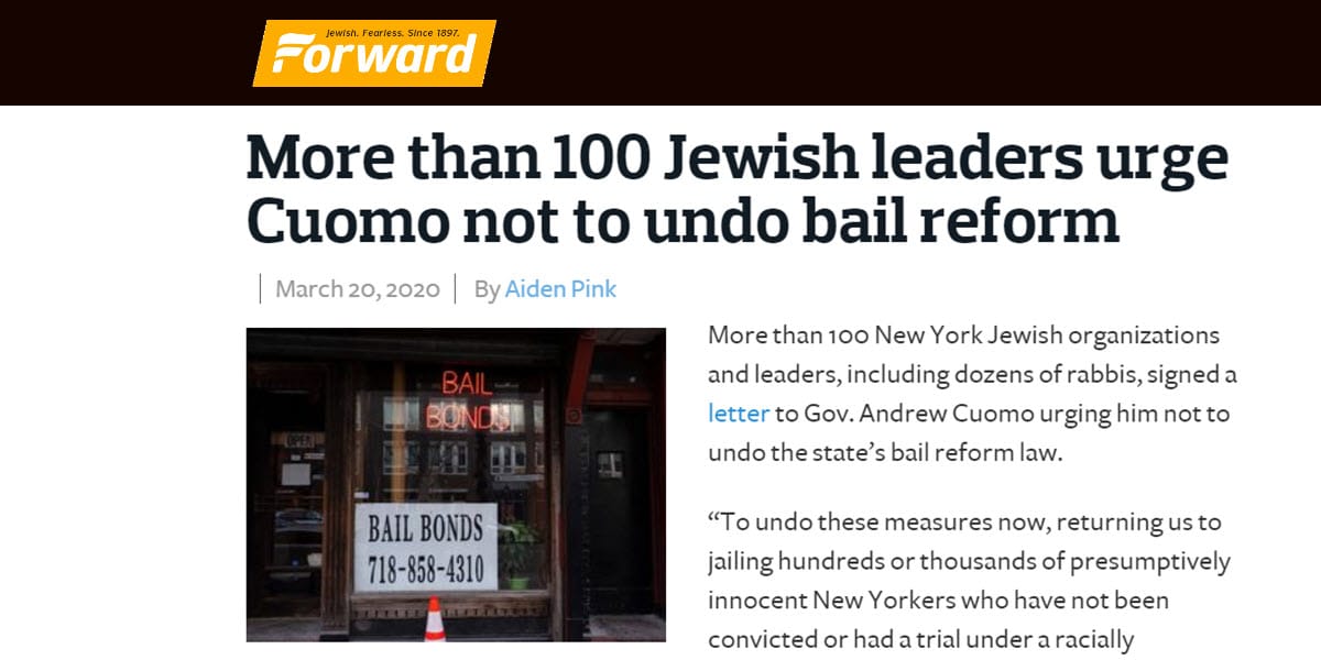Forward: More than 100 Jewish leaders urge Cuomo not to undo bail reform