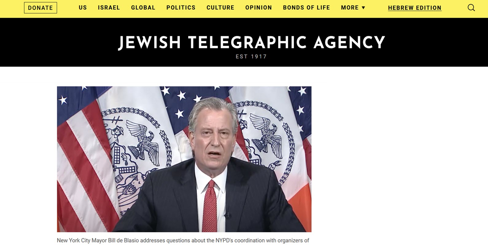 JTA: Letter condemns Mayor de Blasio for ‘scapegoating’ entire Jewish community