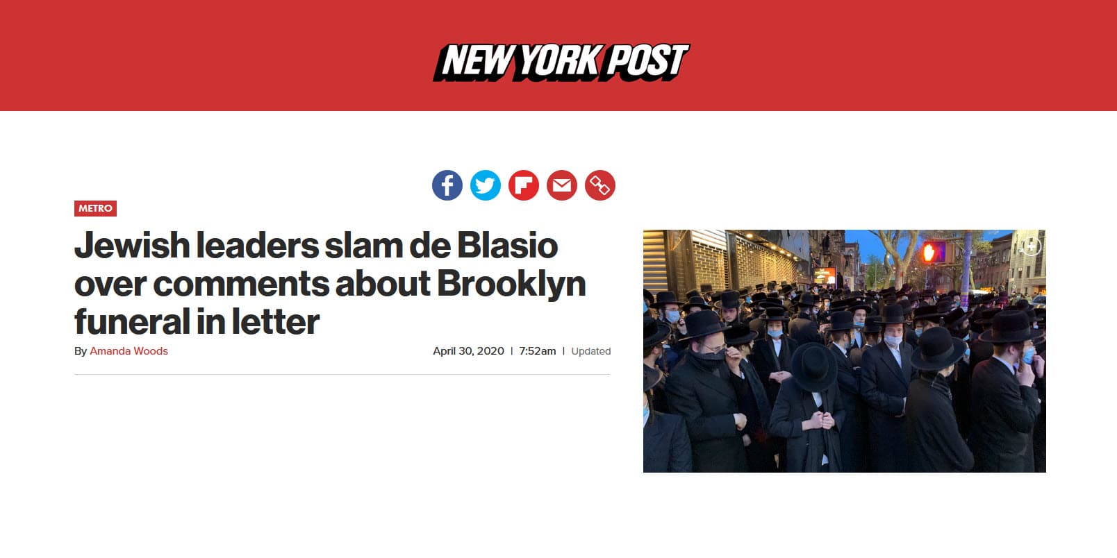 New York Post: Jewish leaders slam de Blasio over comments
