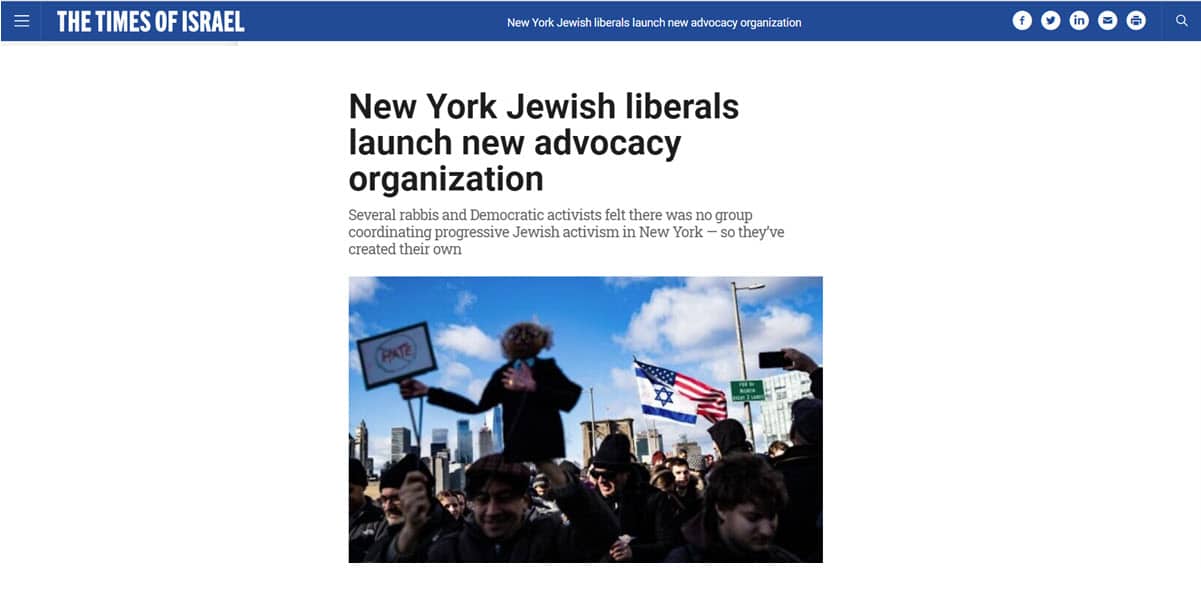 Times of Israel: NY Jewish liberals launch new advocacy organization