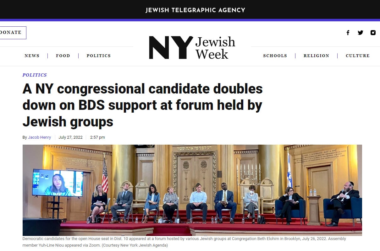 NY Jewish Week Article: Covering 10th District Congressional Candidate Forum