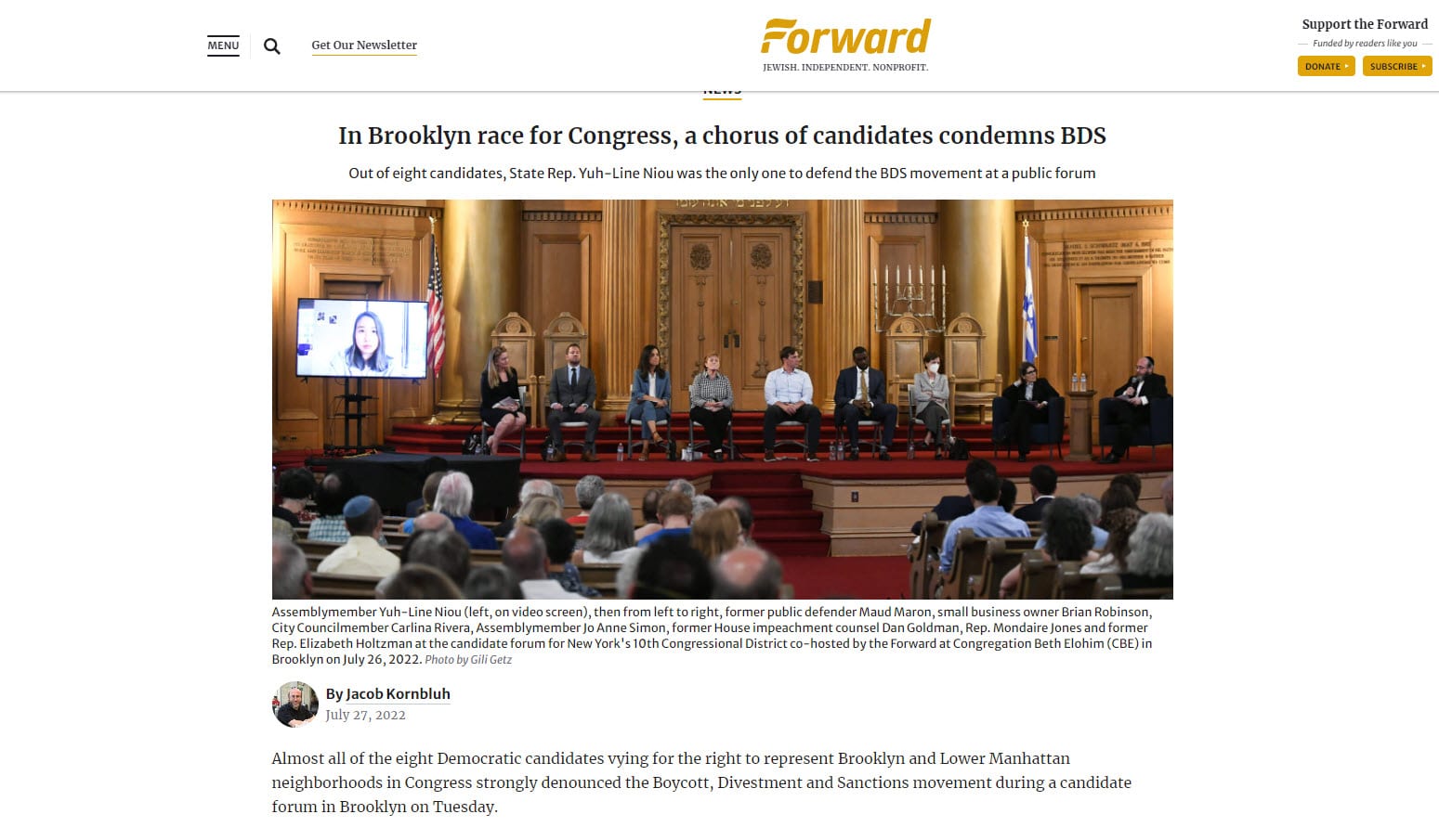 The Forward: Coverage of Congressional District 10 Forum - Candidates Condemn BDS