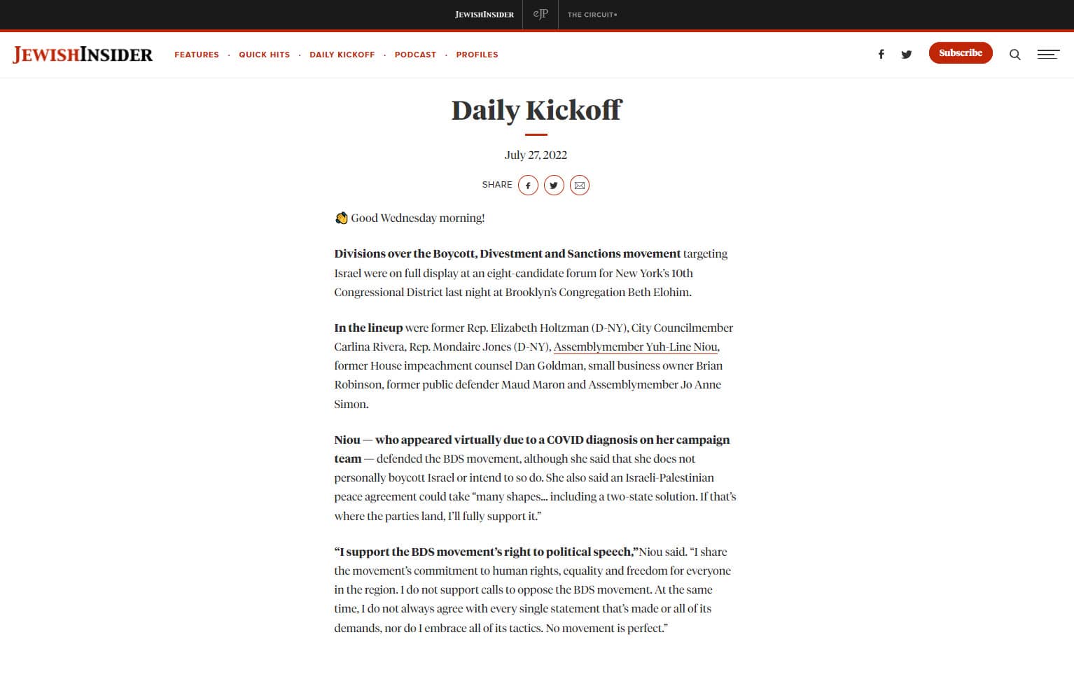 Jewish Insider: Daily Kickoff - Highlights of the NYJA Congressional Candidate Forum